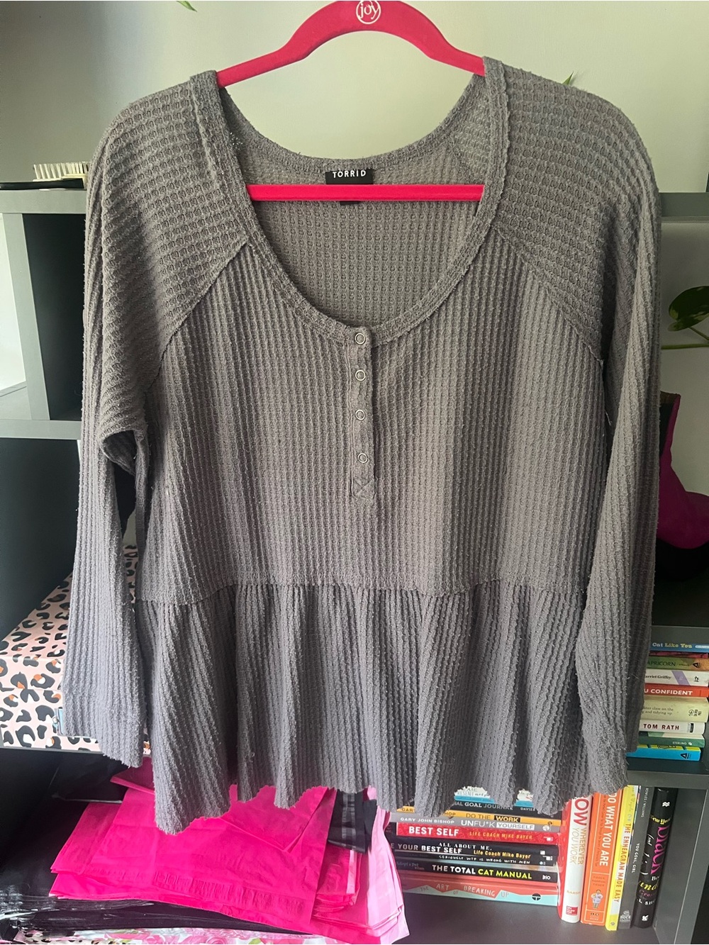 torrid Gray Waffle-Knit Long Sleeve Henley Peplum Top